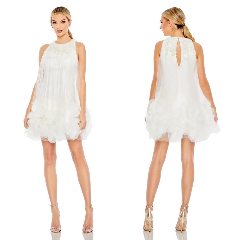 Mac Duggal 11294 Halter Neck Flowy Petal A-Line Mini Dress NWT White